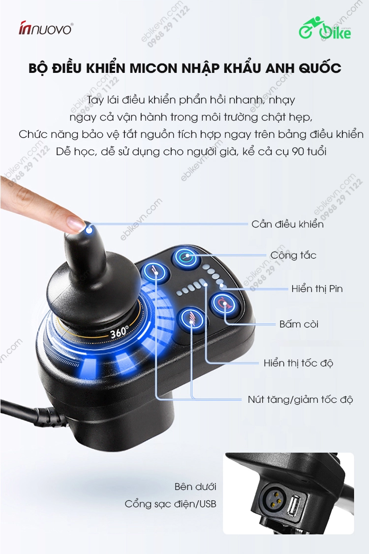 tay lai dieu khien nhap khau Xe lan dien N5519 sieu nhe xe dien cho nguoi gia INNUOVO